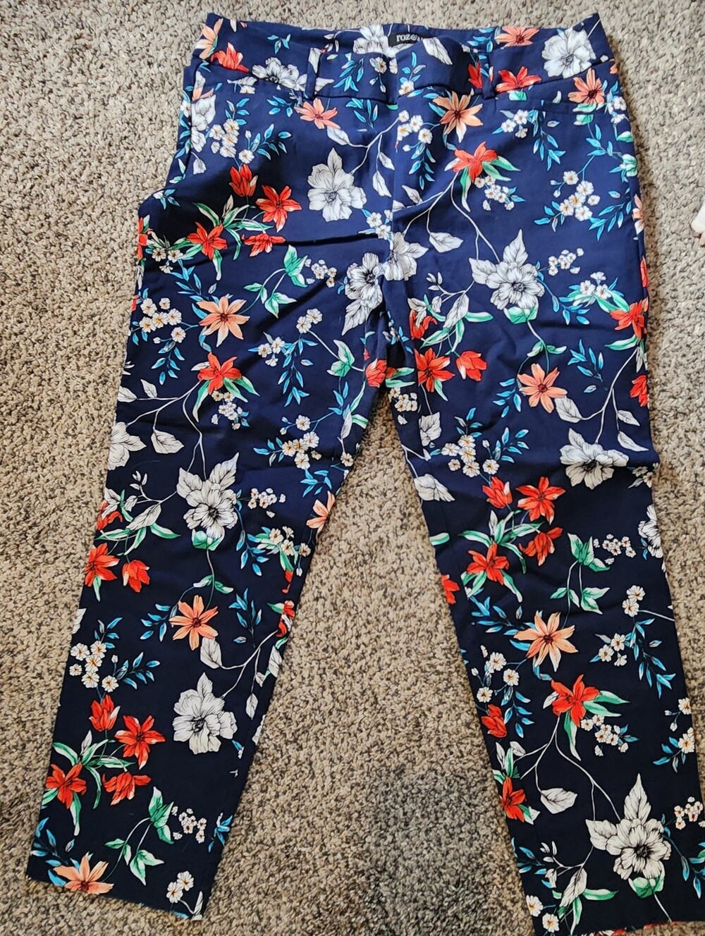 Roz & Ali Navy Floral Dress Pants with Red and White Blooms